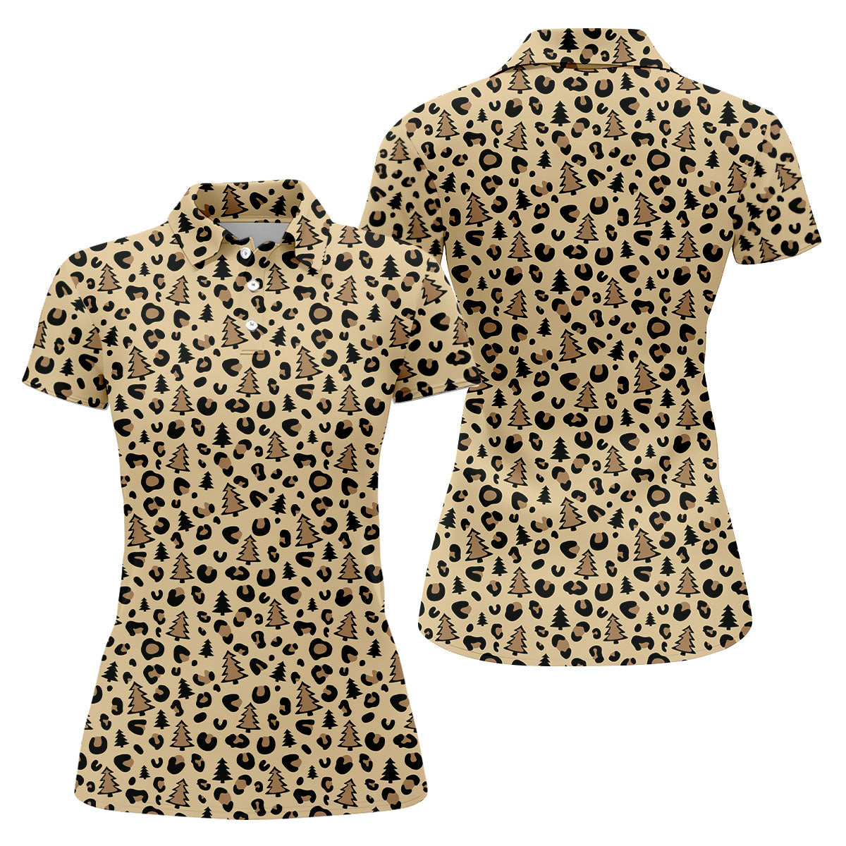 Xmas Pine Tree Leopard Pattern Brown Golf Shirt, Christmas Golf Shirt, Cute Golf Outfit, Women's Golf Shirts