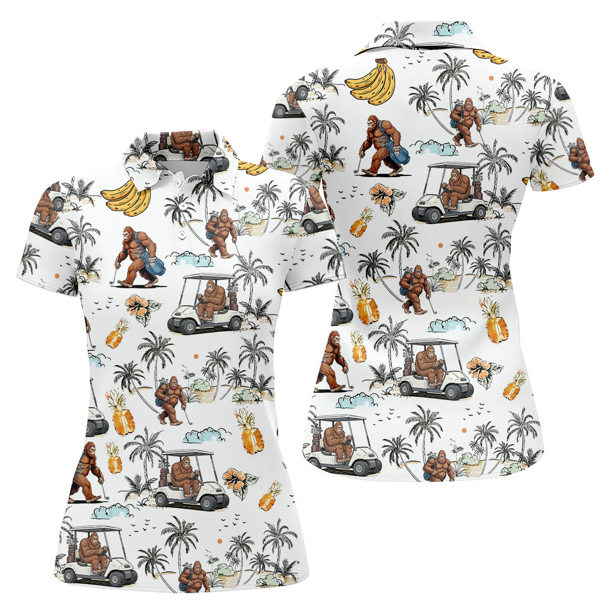 Funny Bigfoot Fruit Flower Hawaiian Golf Polo, Women's Golf Tops, Ladies Golf Shirts, Golfing Apparel
