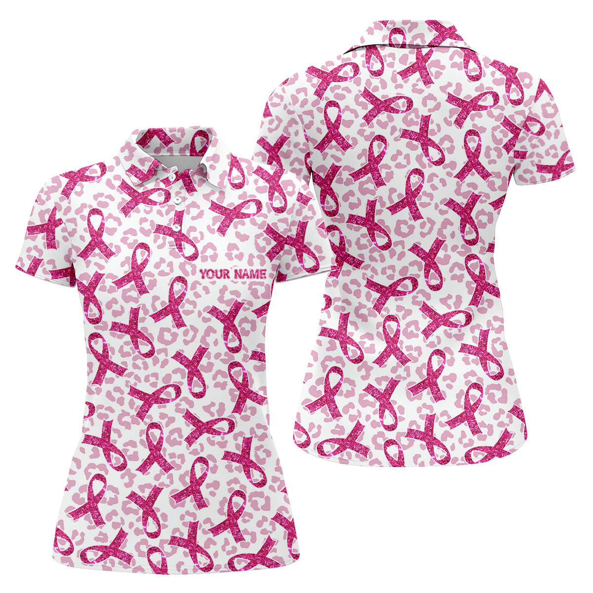 Breast Cancer Pink Ribbon Leopard Pattern Women's Golf Tops, Cancer Awareness Shirt, Ladies Golf Shirts