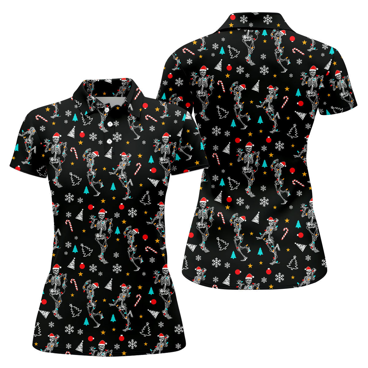 Skeleton Christmas Fun Women's Golf Shirts, Christmas Golf Shirt, Ladies Golf Polos, Cool Golf Gift