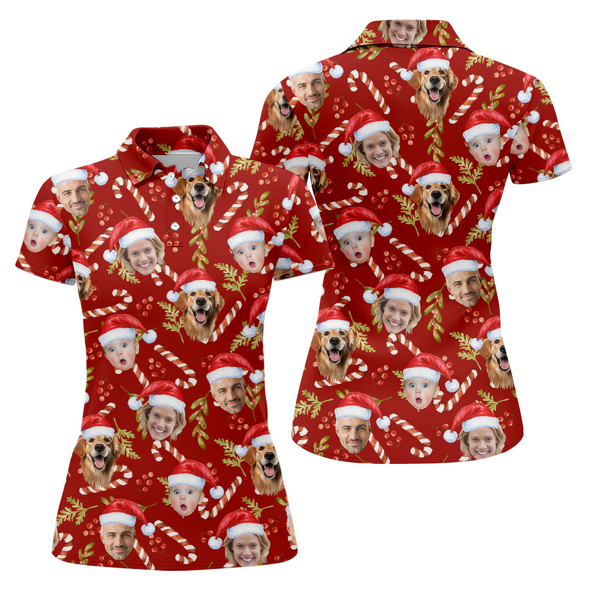 Custom Face Candy Cane And Holy Christmas Red Golf Shirt, Christmas Golf Shirt, Women's Golf Tops