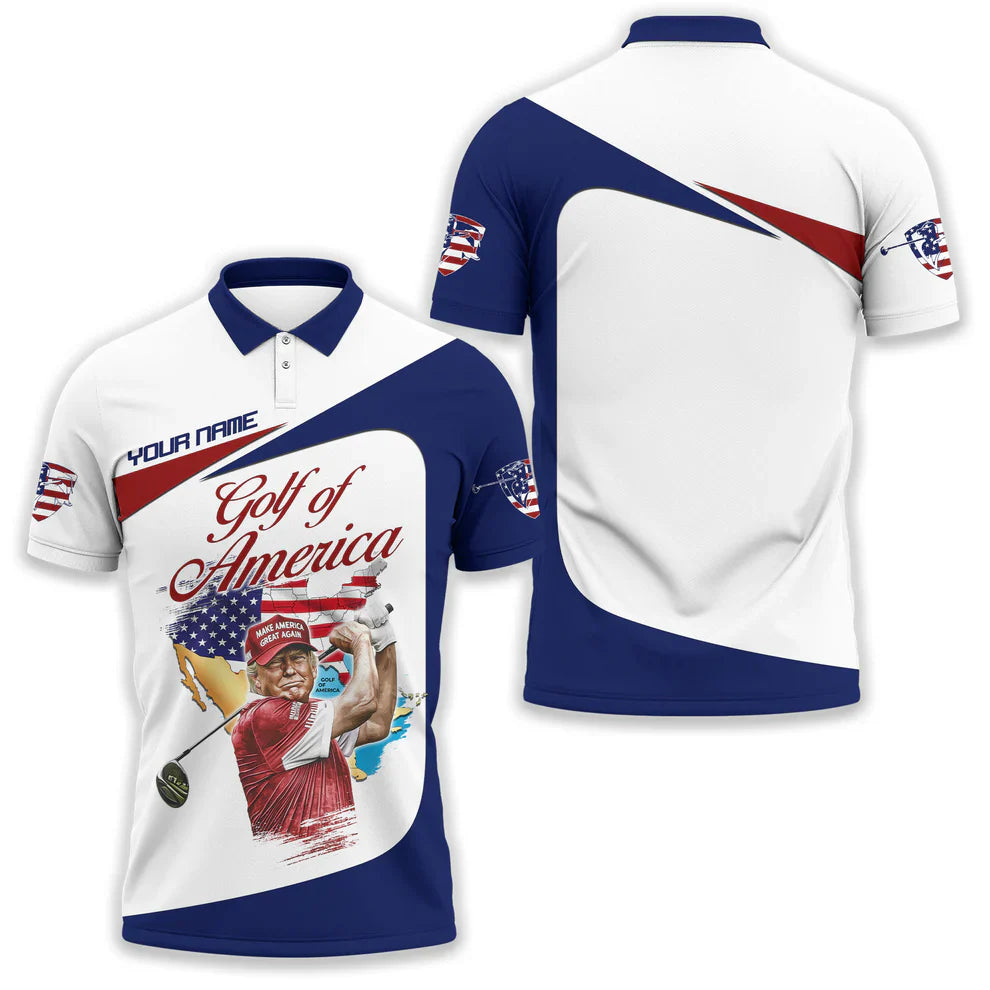 Custom Name Trump Golf of America Polo Shirt - MAGA Make America Great Again Men's Golf Shirt, Patriotic Trump Golfing Apparel