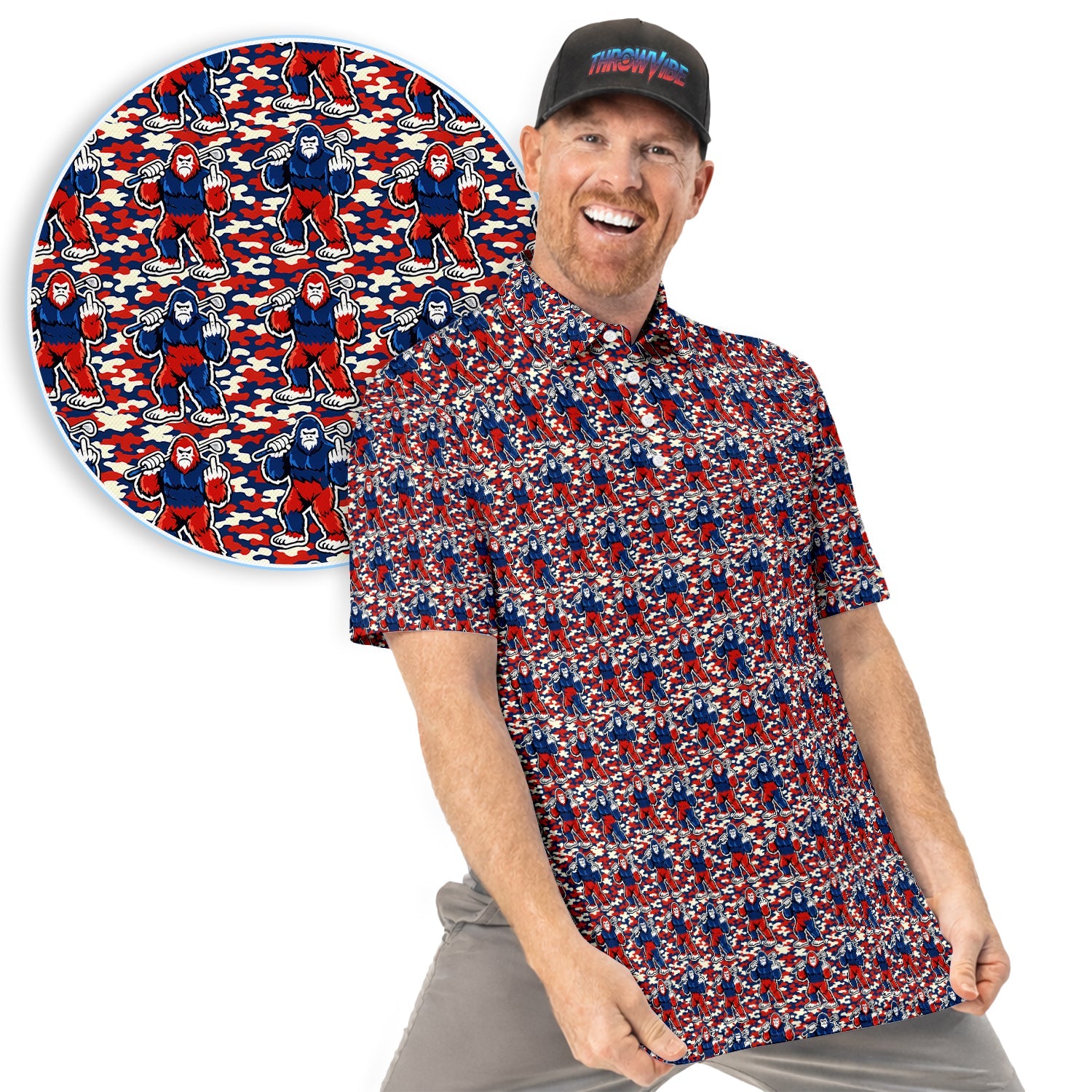 Patriotic Bigfoot Golf Polo Shirt, Red White Blue Camo Sasquatch Pattern Shirt, Funny Golfer Gift For Men