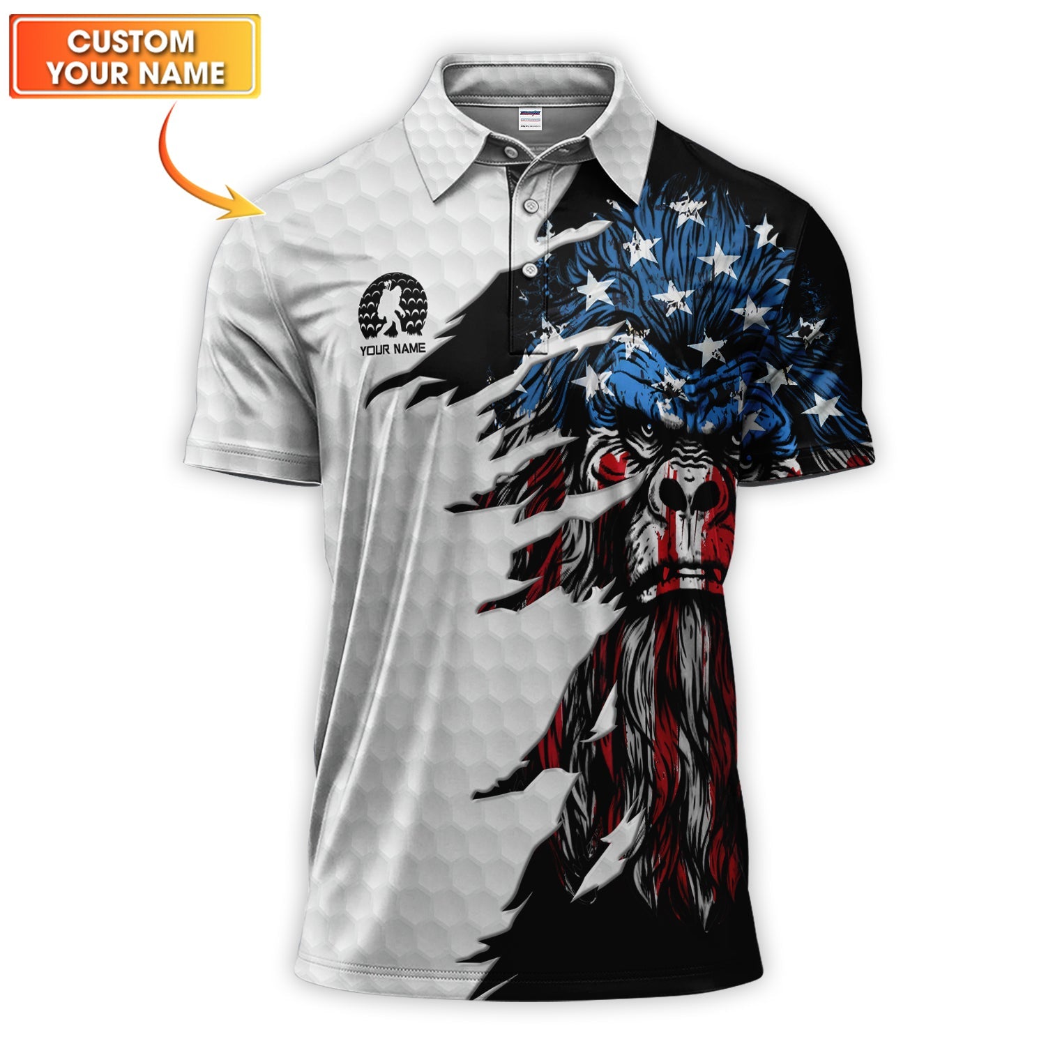 Personalized Patriotic Bigfoot Polos, Custom Name American Flag Bigfoot Golf Shirt, Golf Gift For Golfer