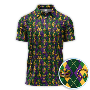 Mardi Gras Argyle Golf Polos, Carnival Pattern Golf Shirt For Golfer, Golf Gift For Men