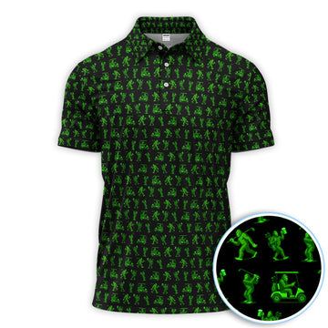 Bigfoot Golf Pattern Shirt, Funny Sasquatch Golf Polos For Men, Neon Green Golf Shirt For Golfer