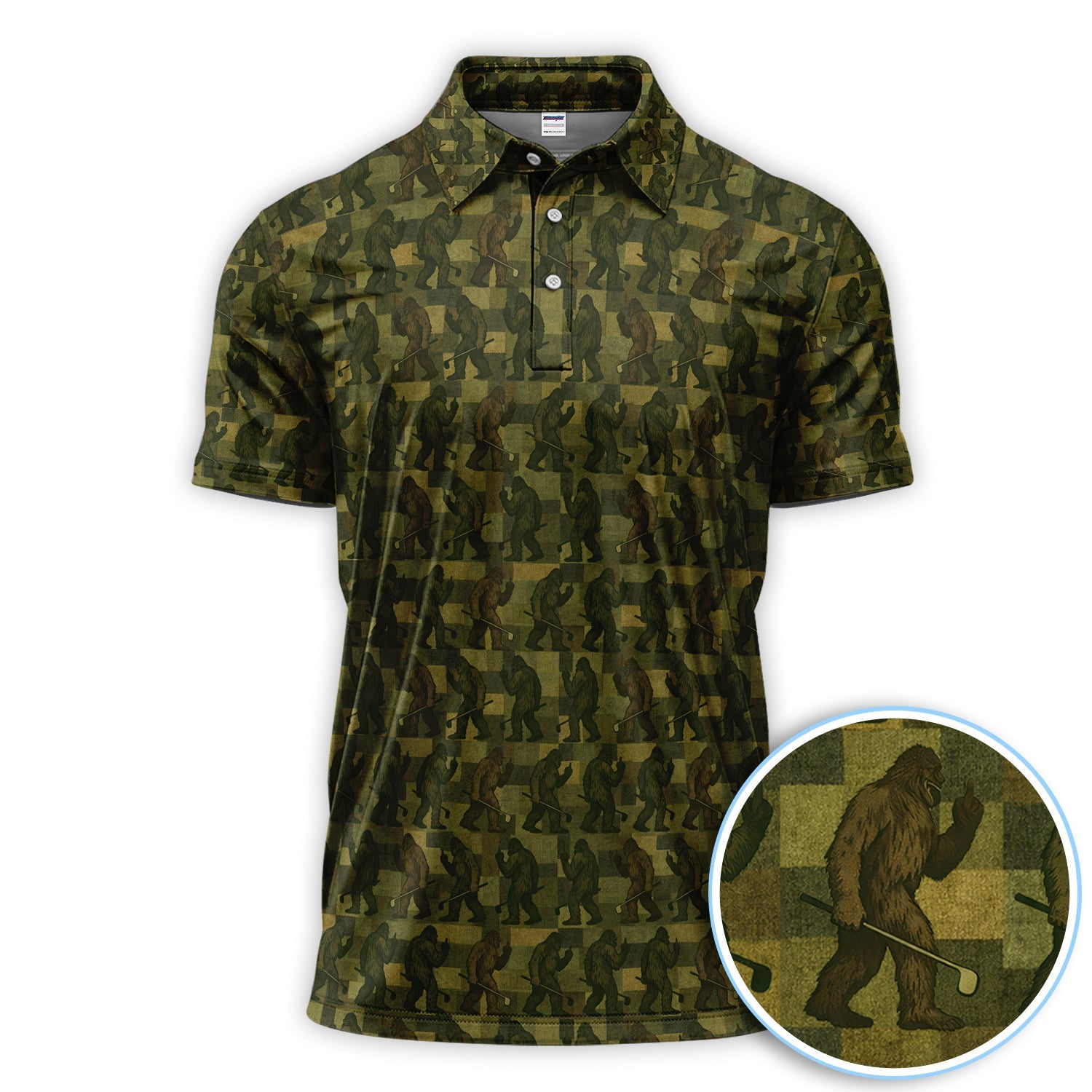 Bigfoot Caro Pattern Golf Polos, Sasquatch Camo Golf Shirt For Golfer, Golf Gift For Men