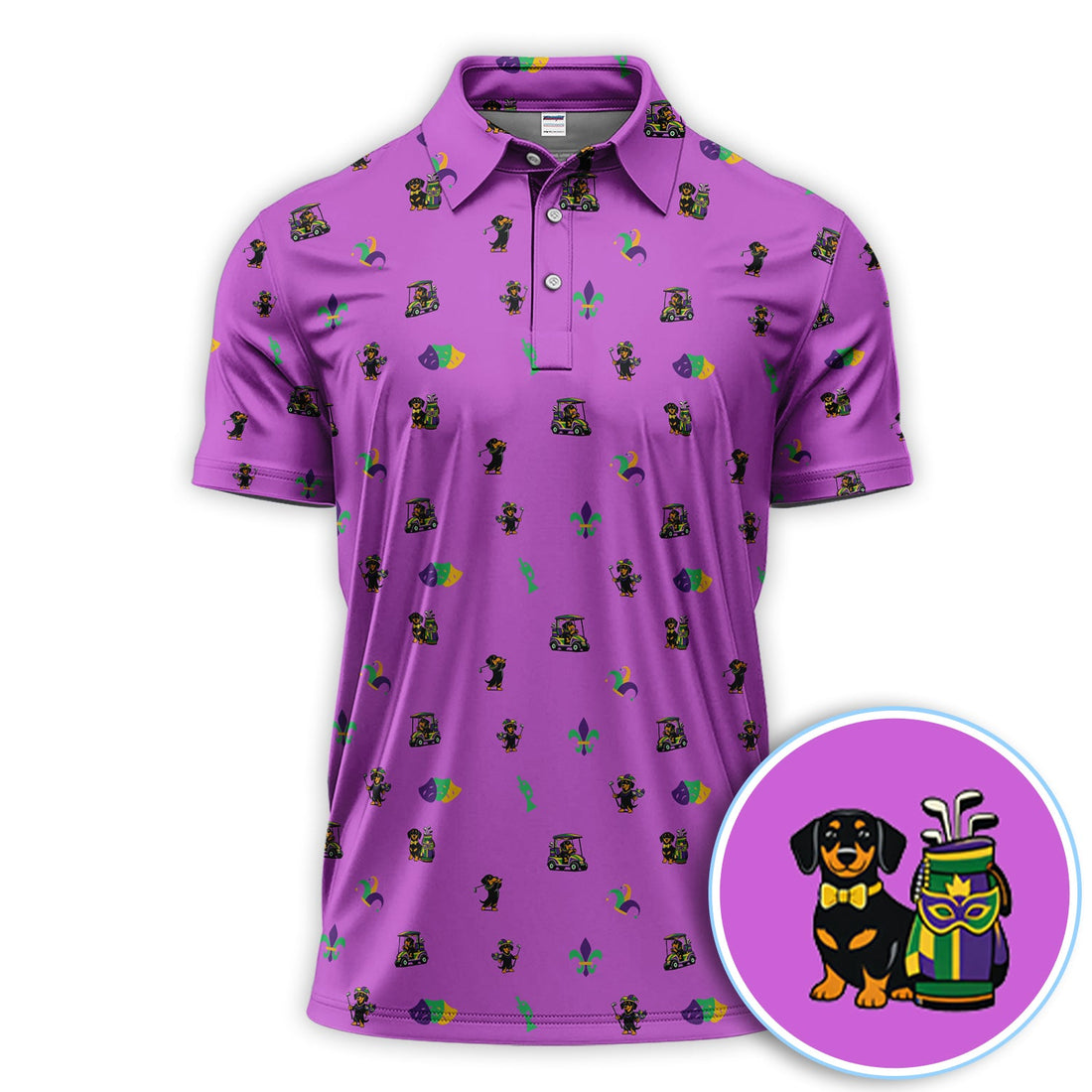 Mardi Gras Dachshund Golf Polos For Golfer, Funny Wiener Dog Pattern Golf Shirt, Golf Gift For Men