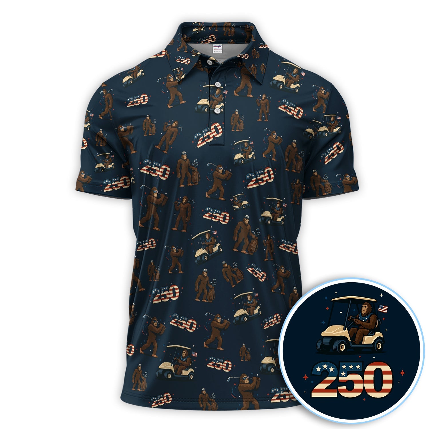 Crazy Bigfoot Golf Polos For Golfer, Patriotic 250th Anniversary Pattern Golf Shirt, Funny Golf Gift For Men