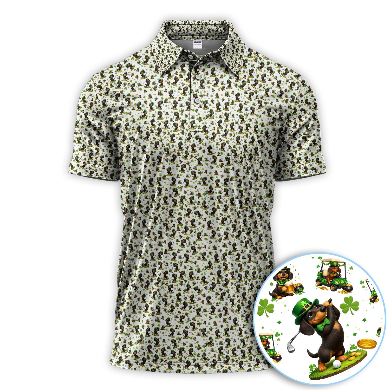 Dachshund Leprechaun Pattern Golf Shirt, Funny St.Patrick’s Day Golf Polos, Crazy Golf Gift For Golfer