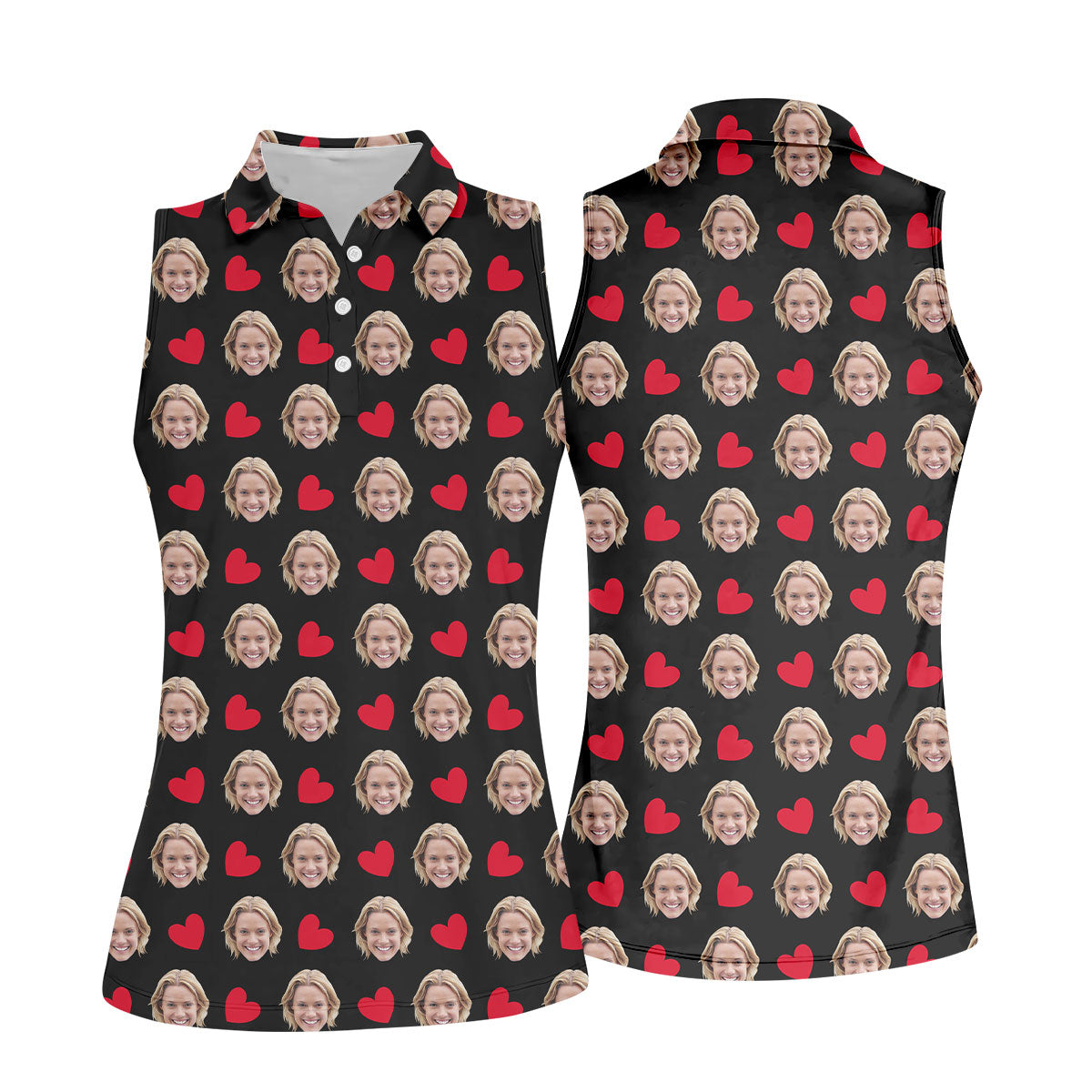 Custom Face Red Heart Pattern Black Golf Shirt, Cute Golf Outfit, Ladies Golf Shirts, Golf Gifts For Women