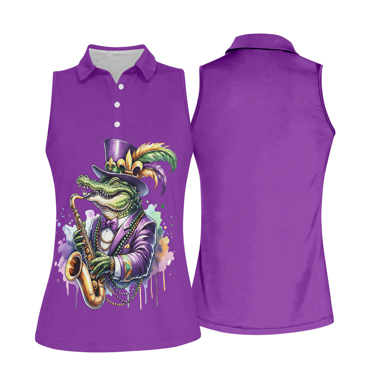 Mardi Gras Alligator Playing Saxophone Purple Golf Shirt, Women's Golf Tops, Ladies Golf Shirt