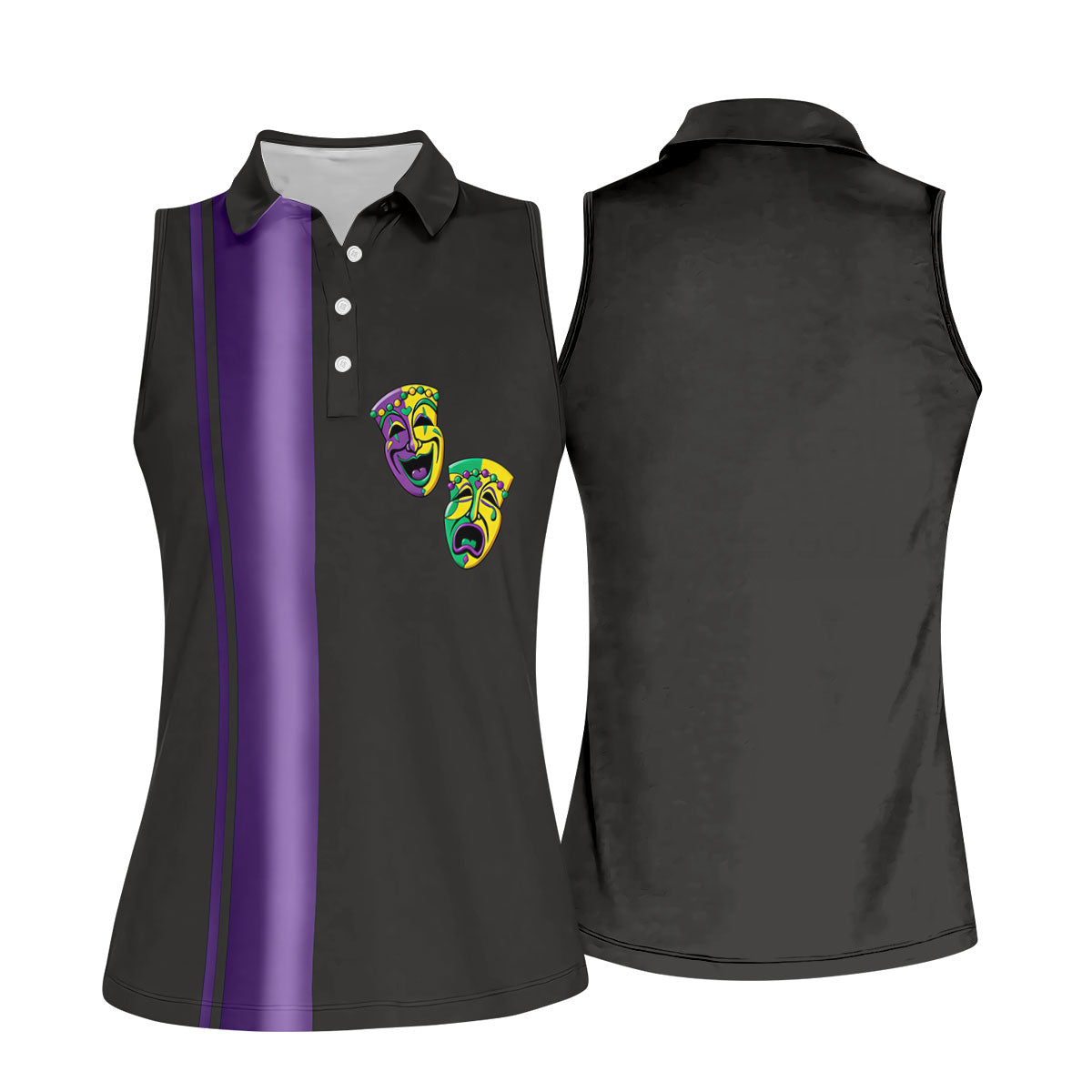 Melpomene And Thalia Theatrical Masks Purple Stripe Mardi Gras Golf Shirt, Women's Golf Tops, Ladies Golf Shirt