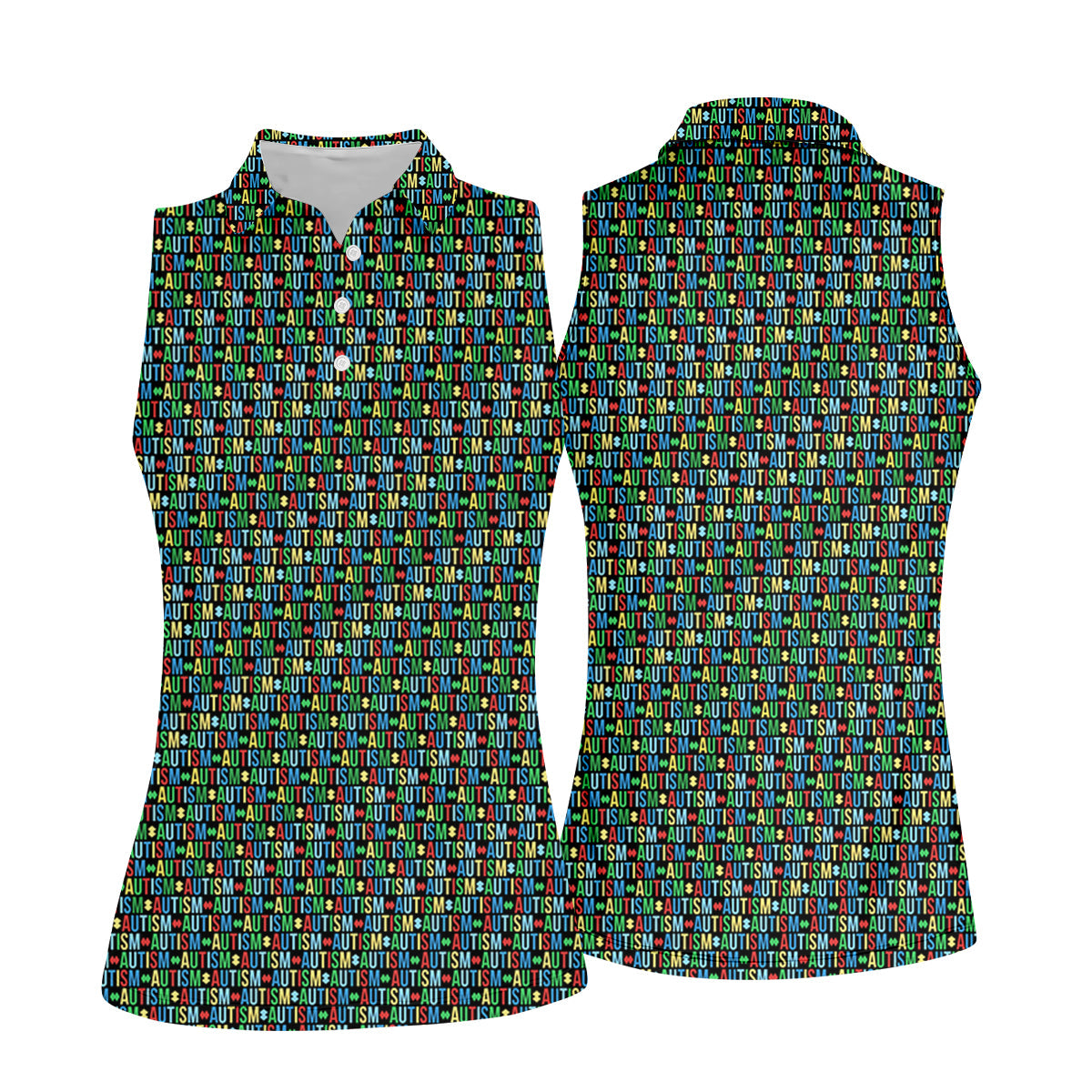 Autism Awareness Colorful Letters Seamless Pattern Ladies Golf Shirts, Golf Shirt For Women