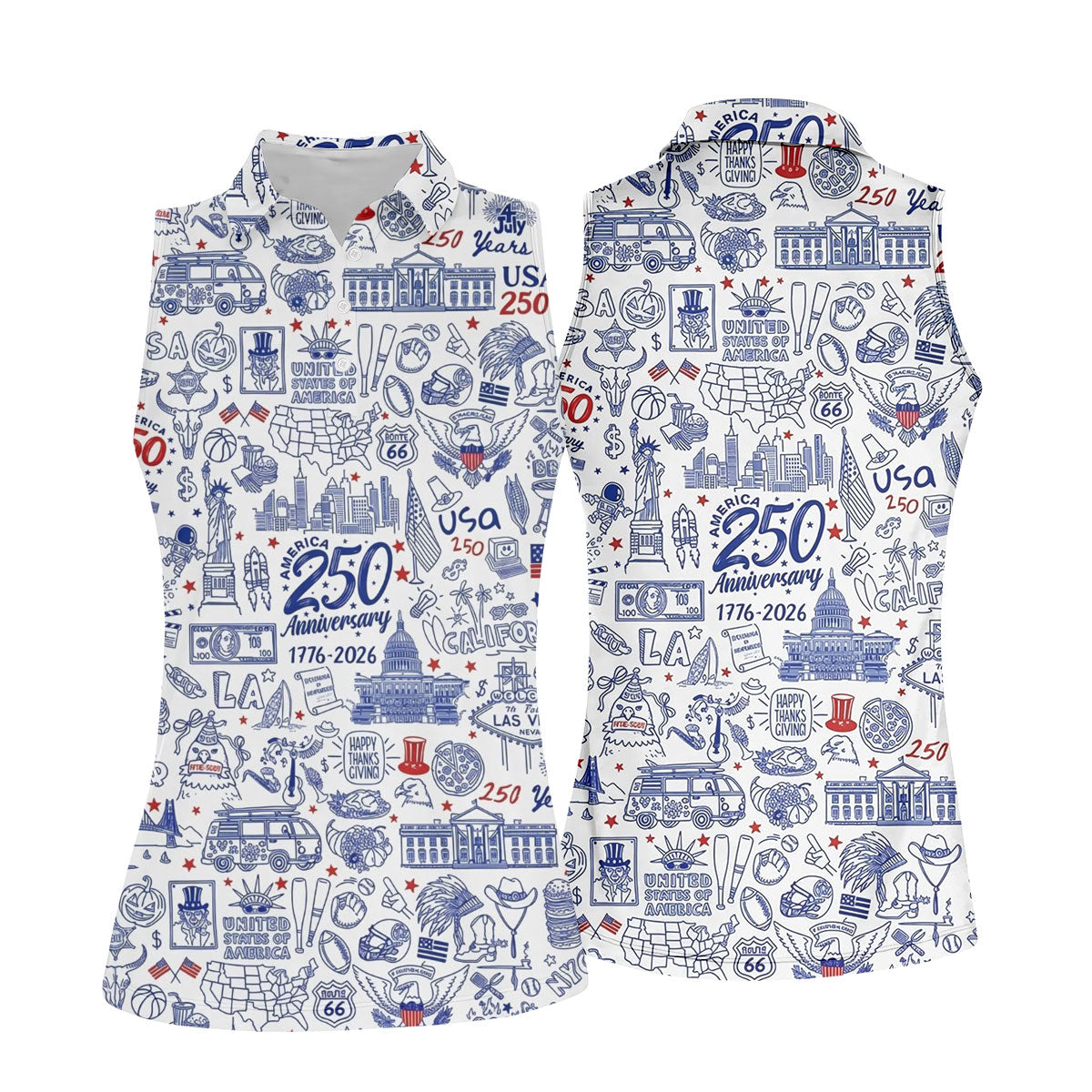 America 250 Anniversary US Symbols Doodle Pattern Patriotic Golf Shirt, 4th Of July Golf Shirt For Women