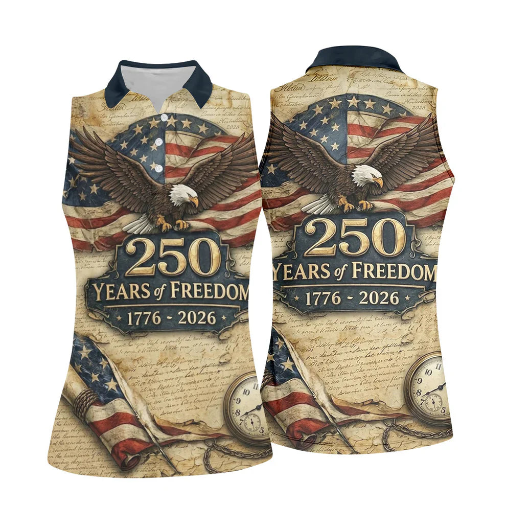 250 Years Of Freedom US Bald Eagle Retro Golf Shirt, Patriotic 4th Of July Golf Shirt For Women