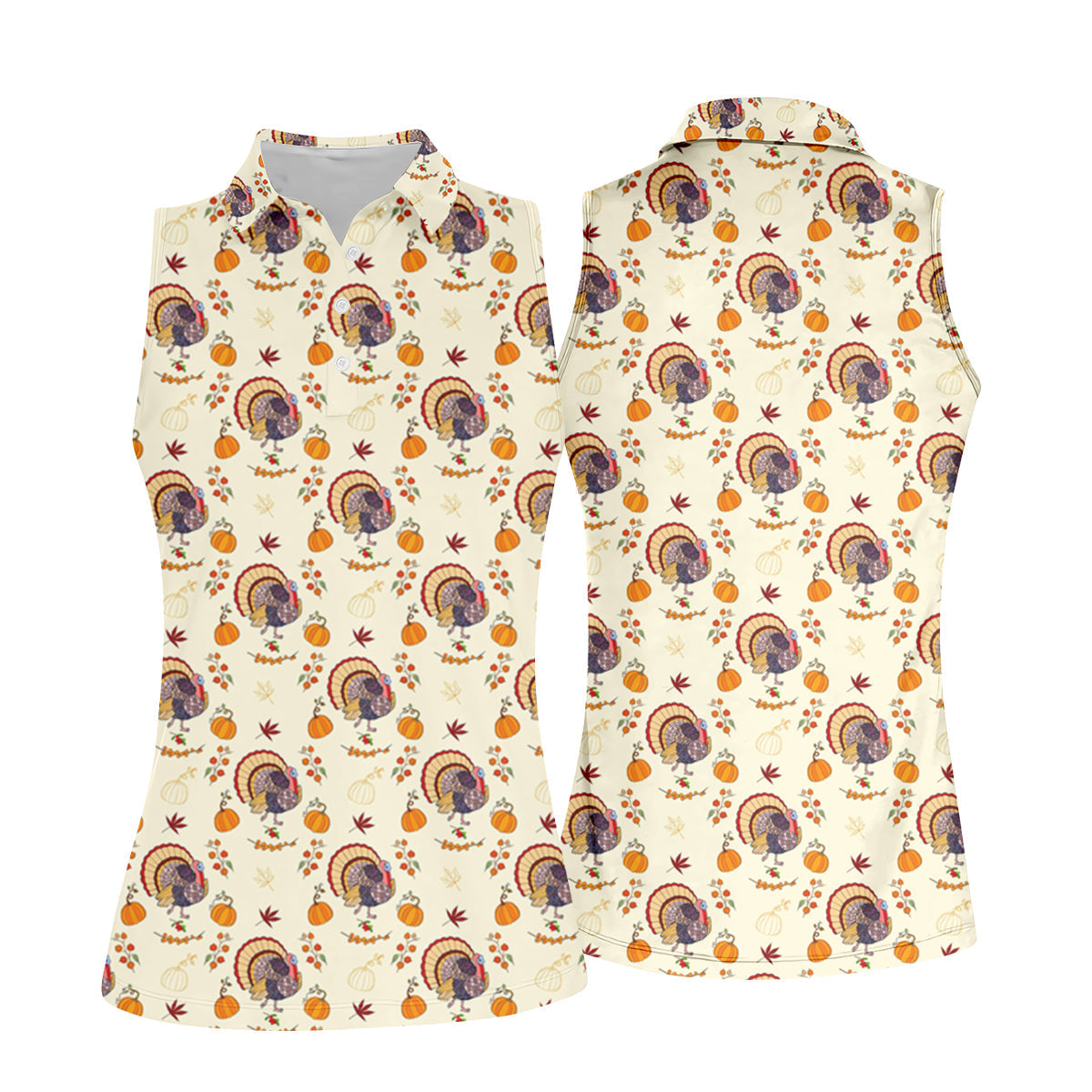 Turkey Pumpkin Thanksgiving Holiday Beige Women's Golf Shirts, Women Golf Top, Ladies Golf Polos