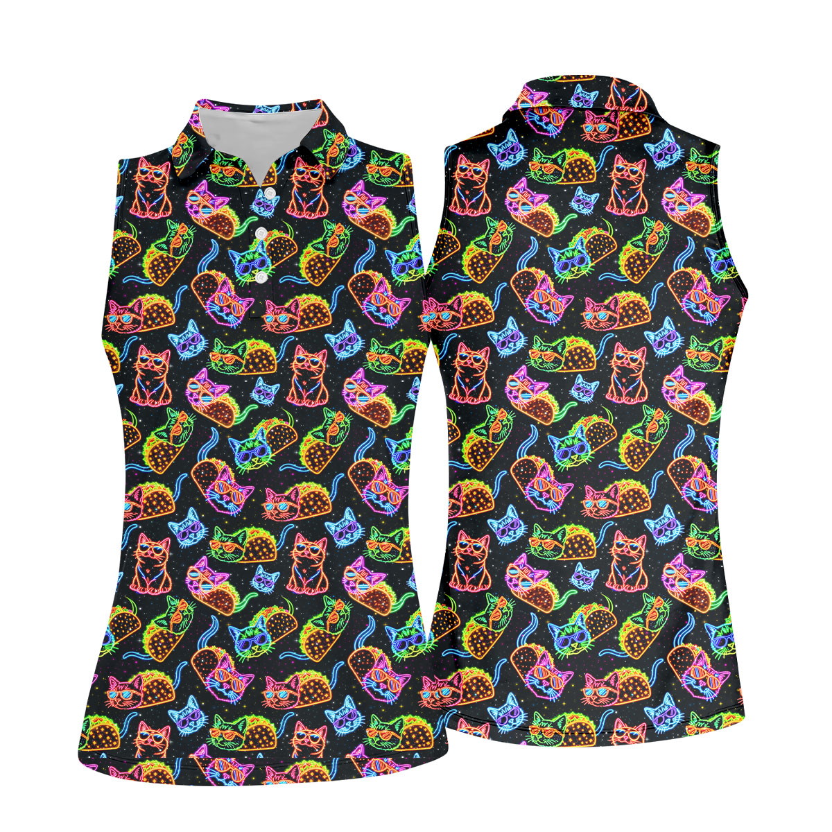 Neon Cats Tropical Vibe Women's Golf Tops, Cute Golf Outfit, Ladies Golf Shirts, Golf Shirt For Women