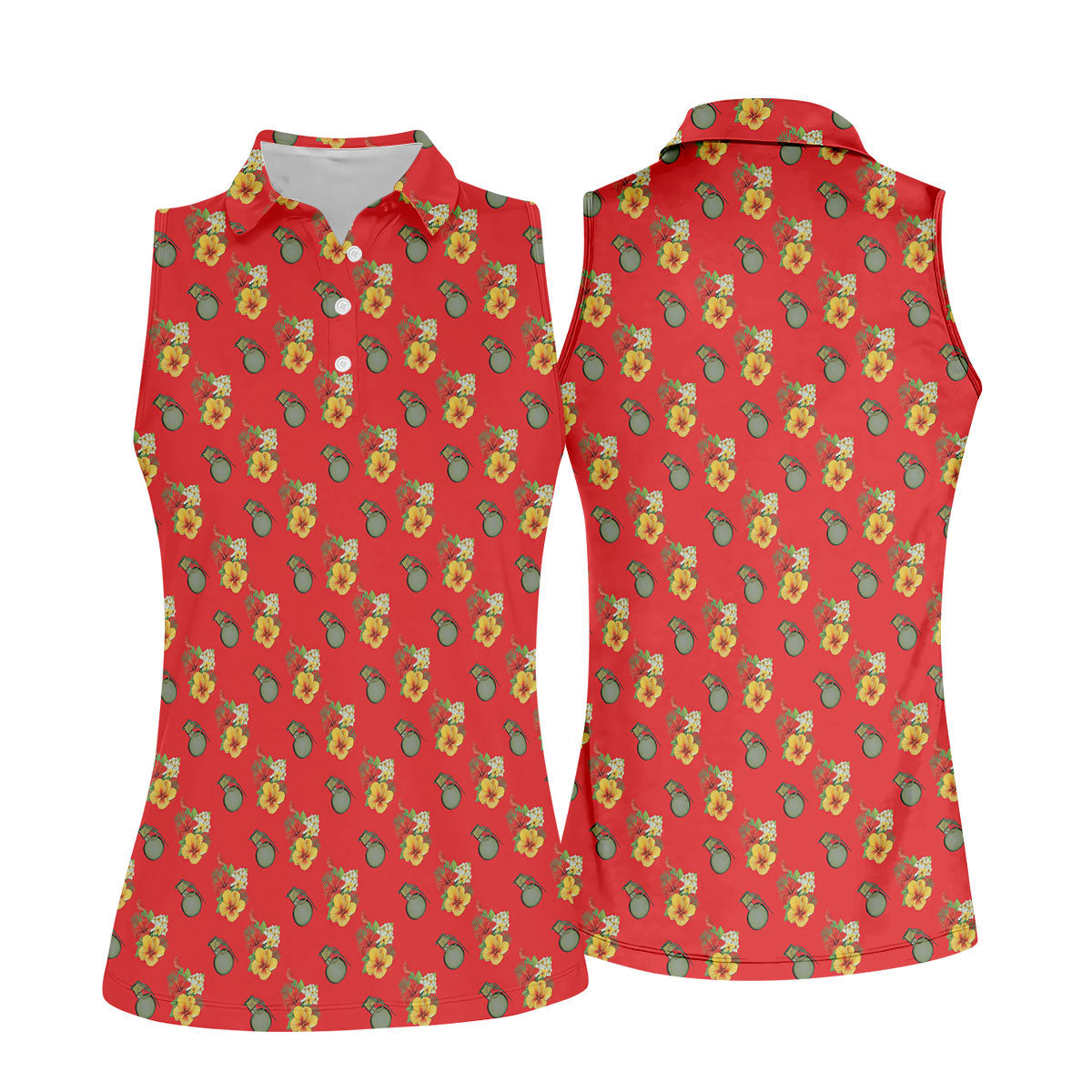 Hibiscus Flowers Green Grenades Seamless Pattern Red Golf Shirt, Women's Golf Tops, Ladies Golf Shirt