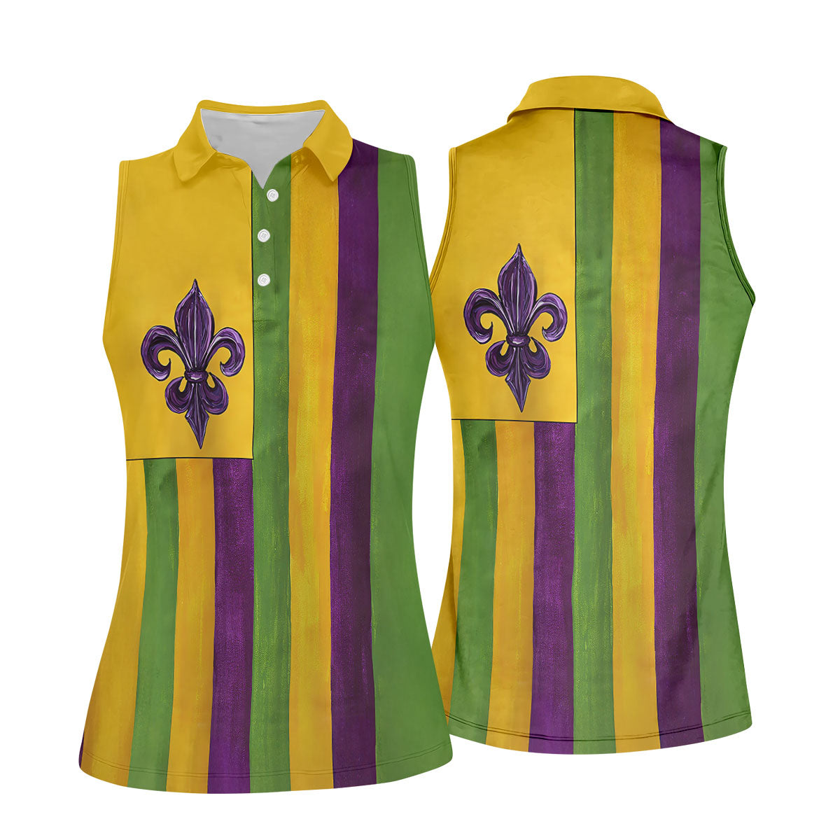 Purple Green Gold Vertical Stripes Fleur De Lis Flower Mardi Gras Golf Shirt, Women's Golf Tops, Ladies Golf Shirt