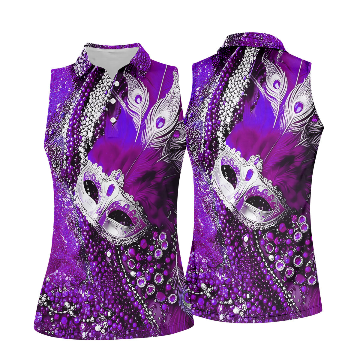 Mardi Gras Masquerade Mask Feather Beads Purple Golf Shirt, Women's Golf Tops, Ladies Golf Polos