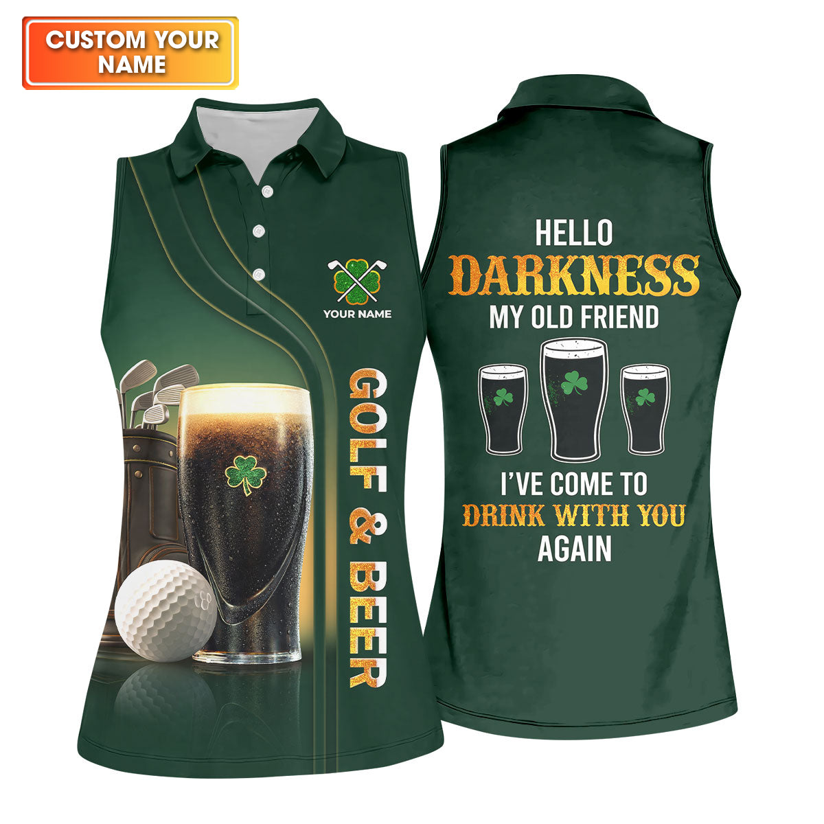 Hello Darkness My Old Friend Golf And Beer St Patrick's Day Green Women's Golf Tops, Ladies Golf Polos