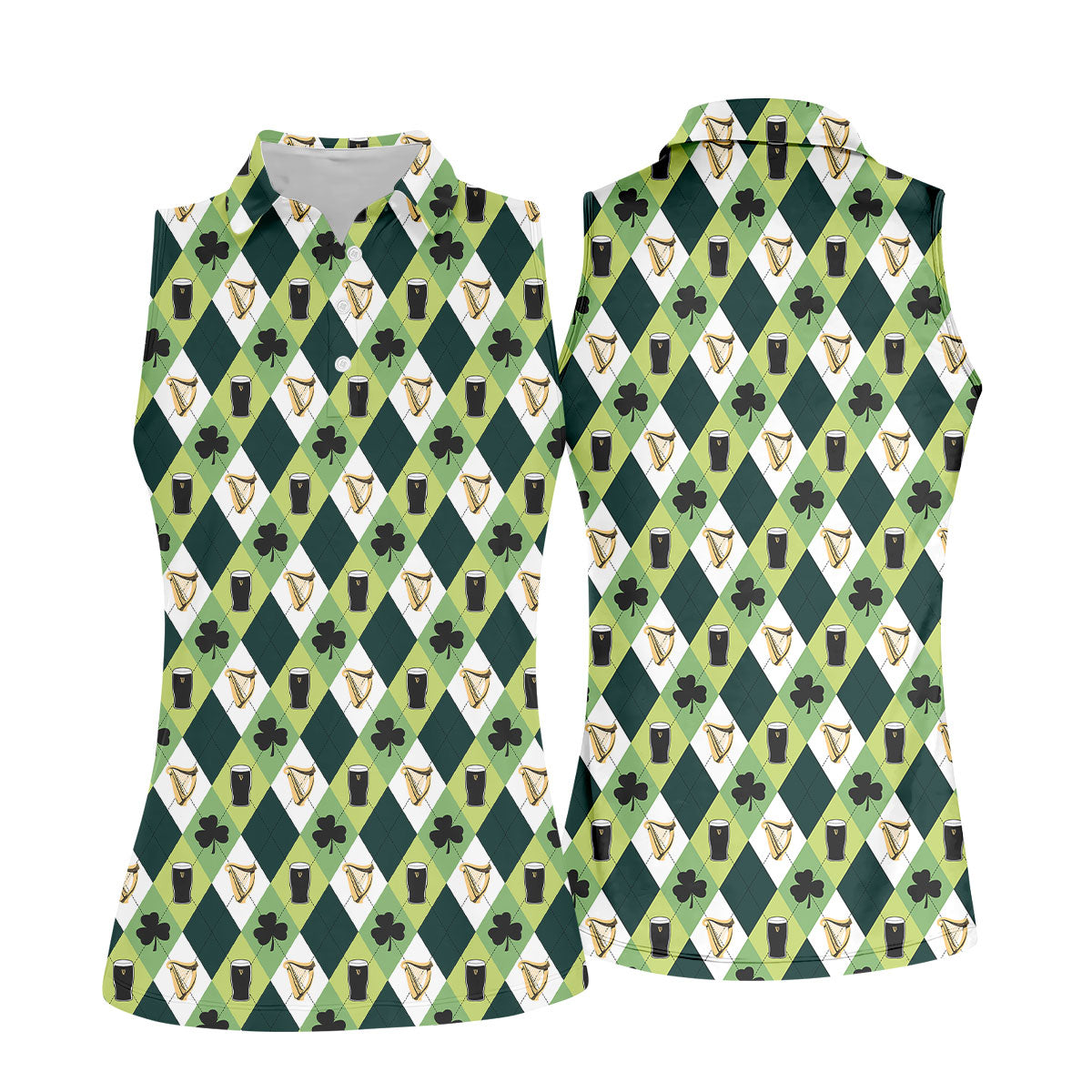 Green And White Argyle Pattern St Patrick's Day Golf Shirt, Women's Golf Shirts, Ladies Golf Polos