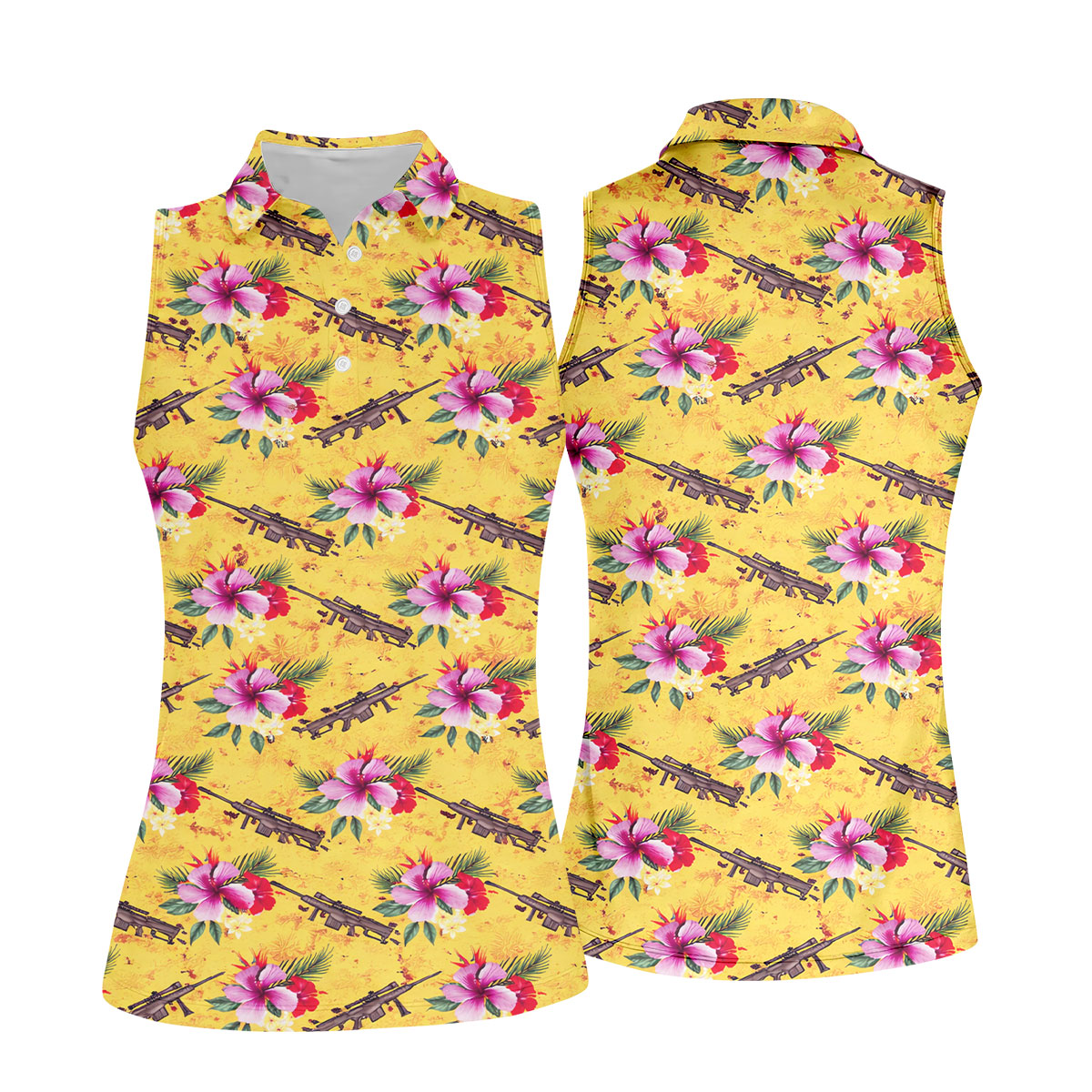 Floral Pattern Army Theme Hawaiian Yellow Golf Shirt, Women's Golf Tops, Ladies Golf Shirts