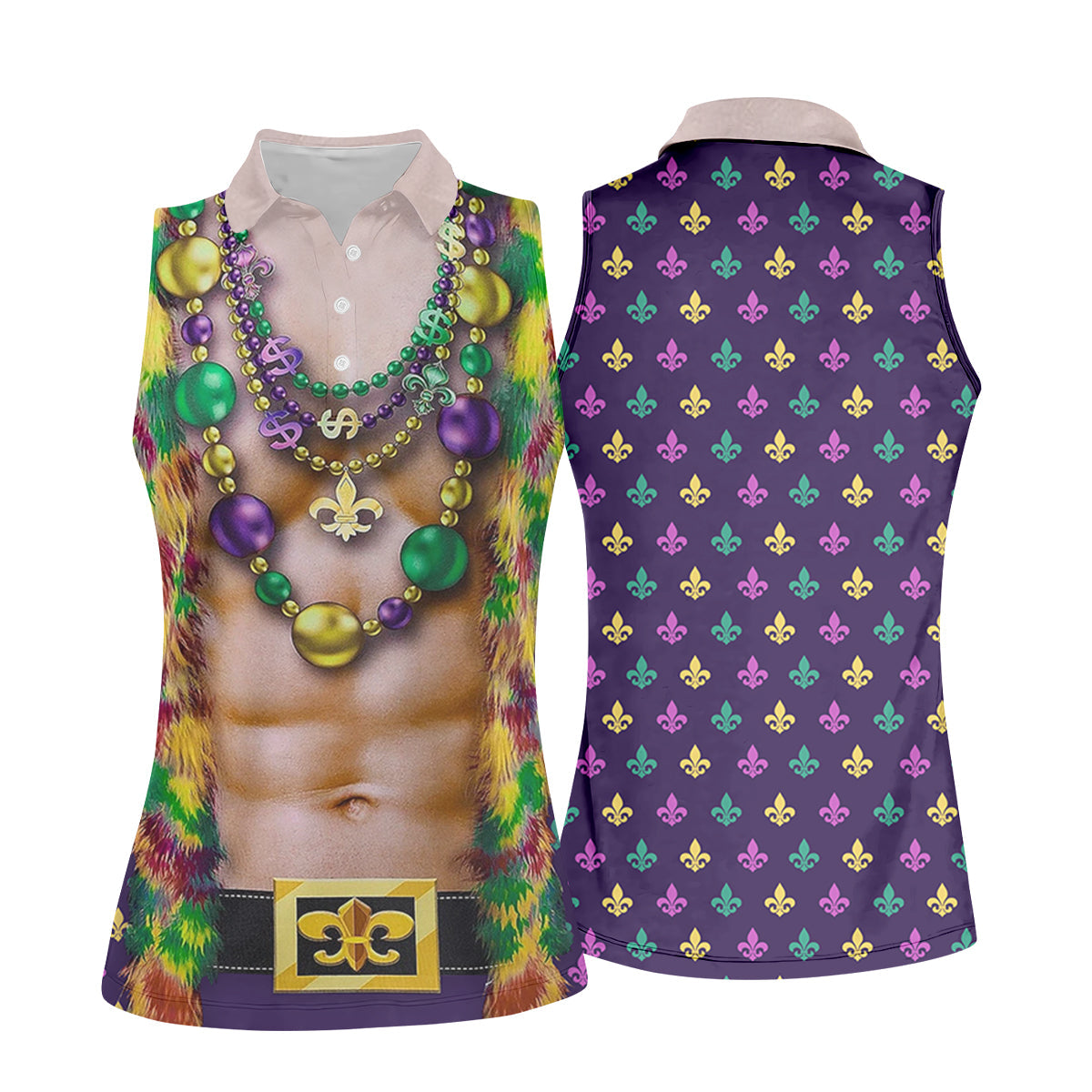 Green Purple Gold Fleur De Lis Symbol Fun Suit Mardi Gras Print Golf Shirt, Fun Women's Golf Shirts, Ladies Golf Polos