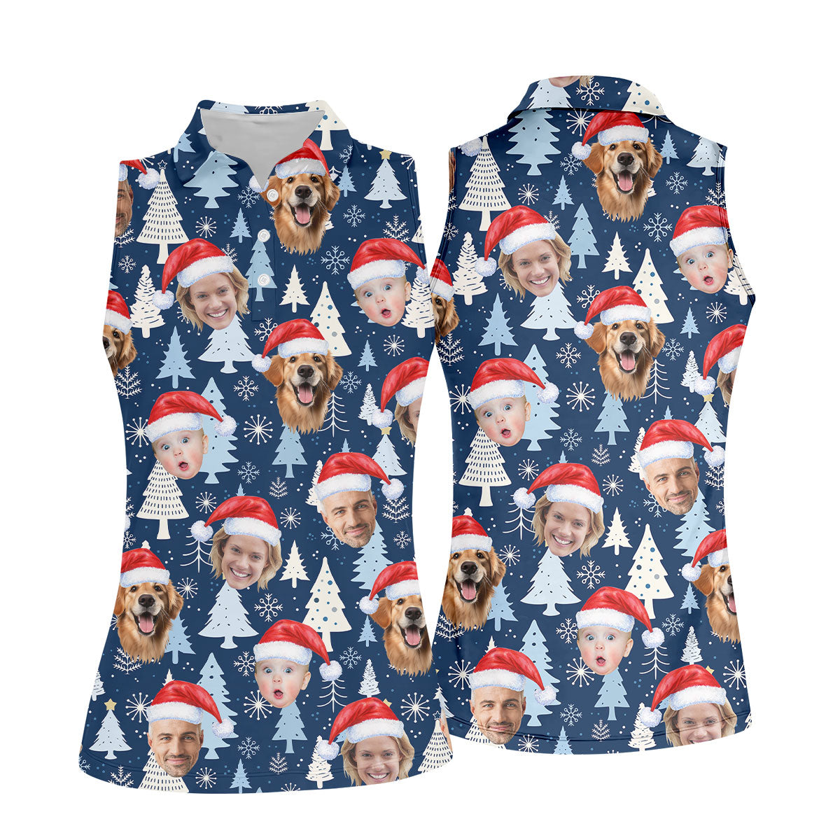 Custom Face Pine Tree Pattern White And Navy Christmas Golf Shirt, Ladies Golf Shirts, Golf Gifts For Women