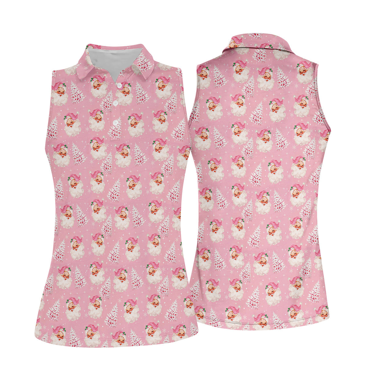 Pink Xmas Tree Santa Claus Pattern Christmas Golf Shirt, Women's Golf Tops, Golf Gift For Ladies