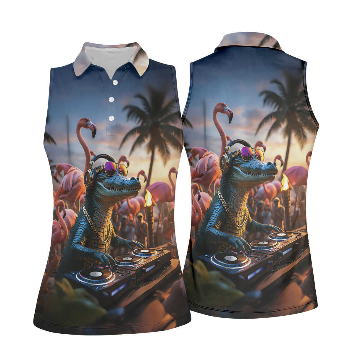 Funny Crocodile DJ Mardi Gras Festival Flamingo Golf Shirt, Women's Golf Tops, Ladies Golf Polos