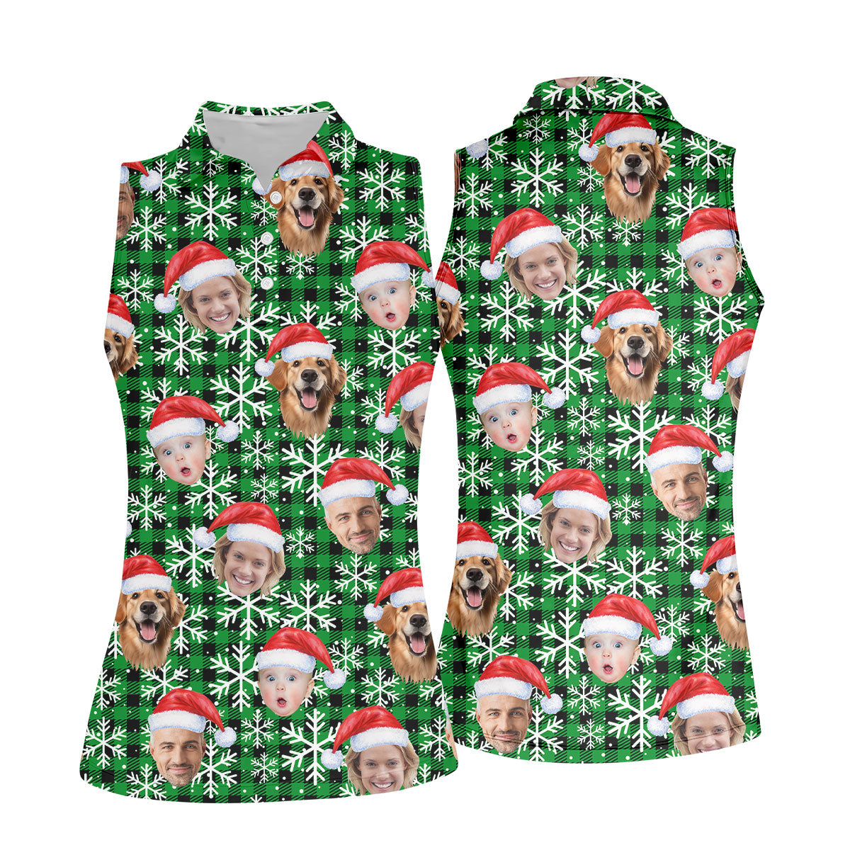 Custom Face Green And Black Checkered Christmas Golf Shirt, Ladies Golf Shirts, Golf Gifts For Women