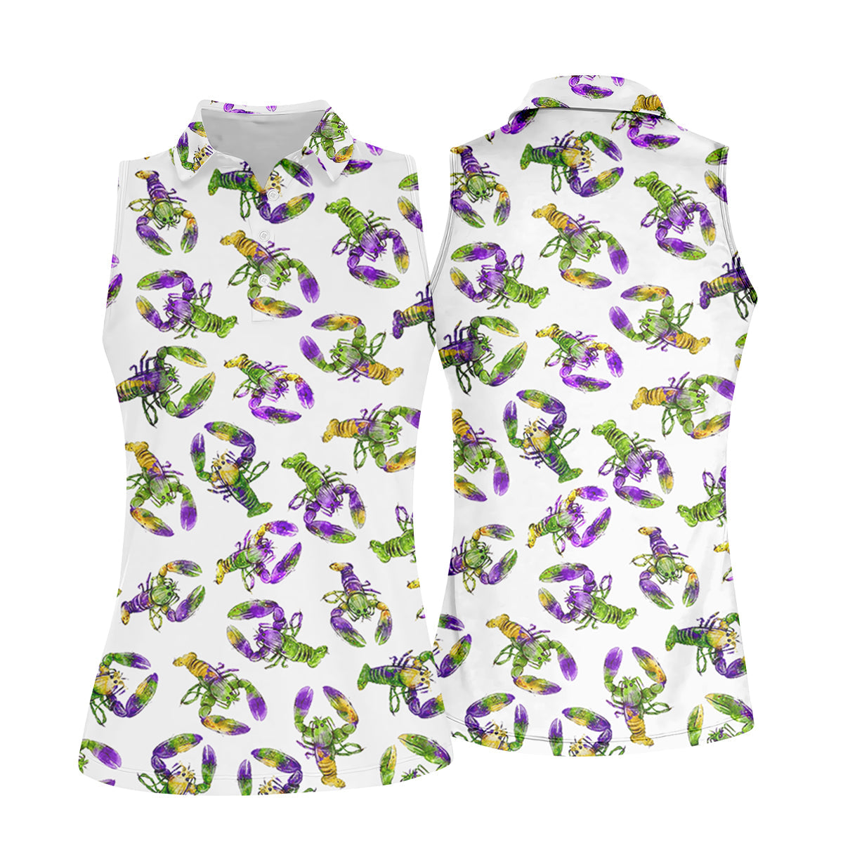 Purple Green Gold Crawfish Pattern Mardi Gras Golf Shirt, Women's Golf Tops, Ladies Golf Polos