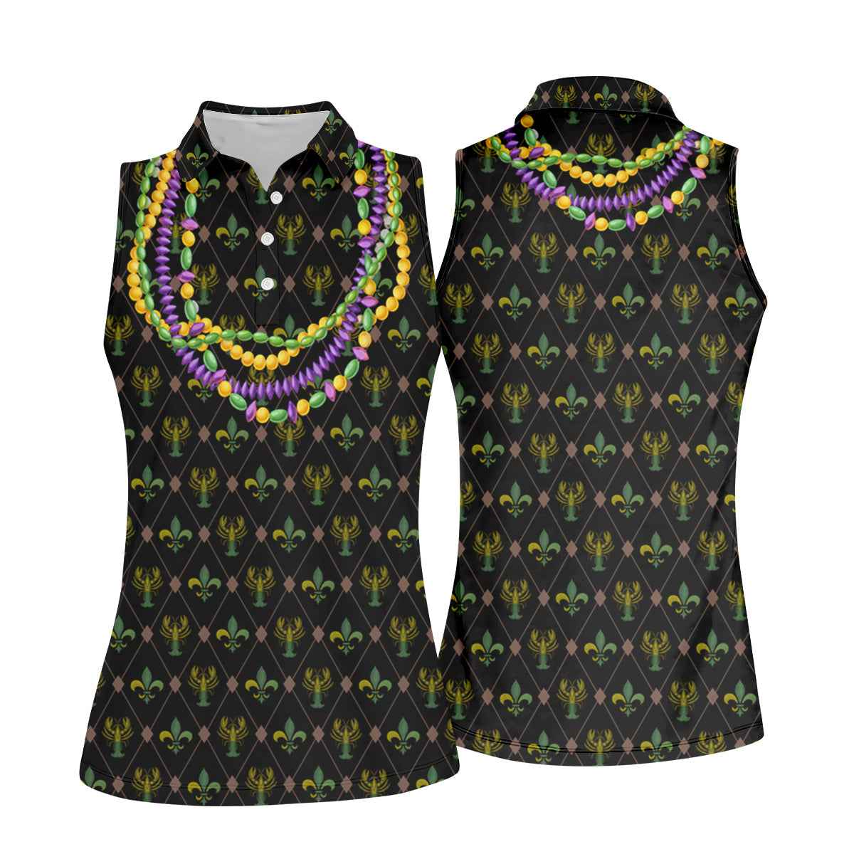 Mardi Gras Purple Green Gold Beads Chain Fleur De Lis Argyle Pattern Black Golf Shirt, Women's Golf Tops
