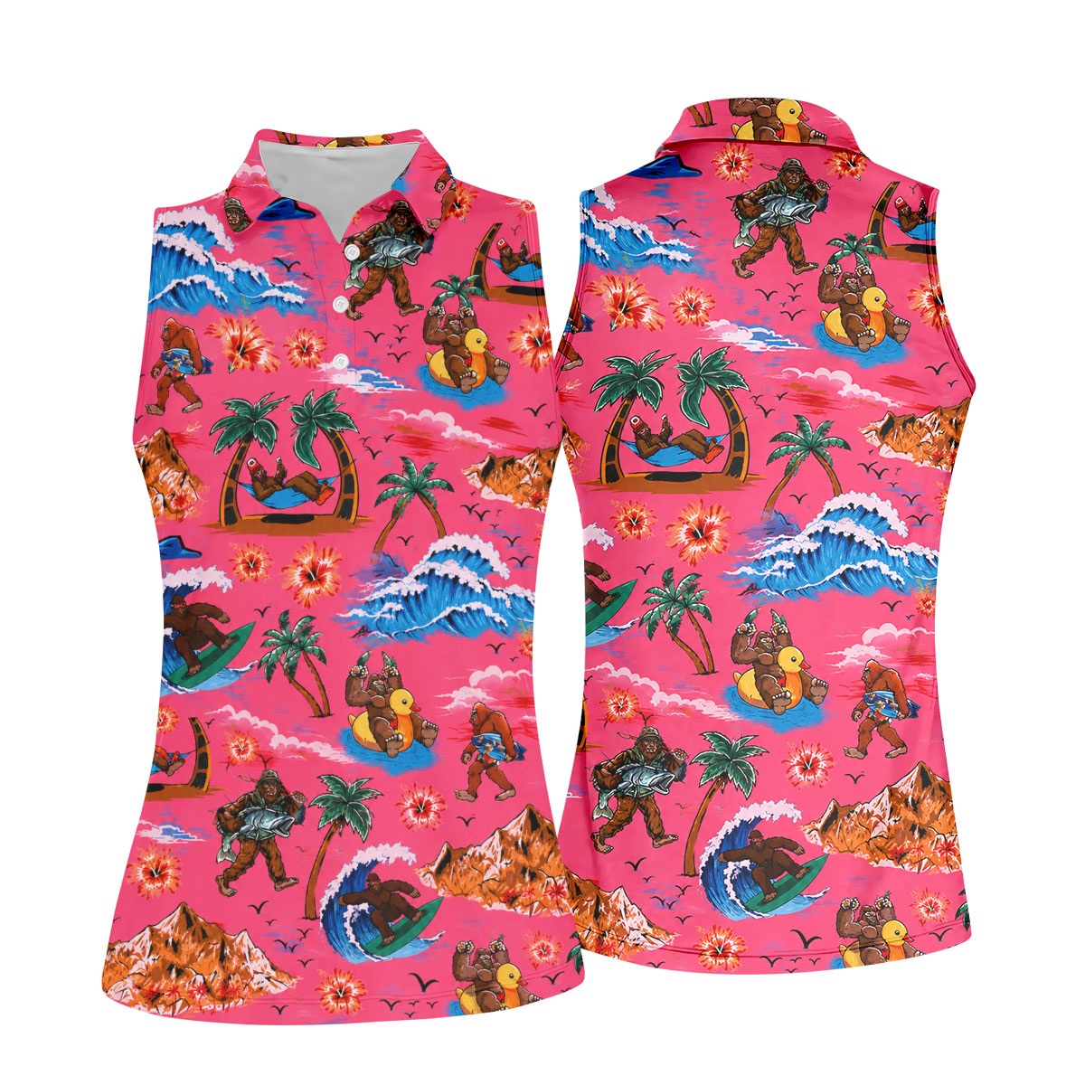 Pink Bigfoot Aloha Beach Vacation Golf Shirt, Golf Polo For Women, Printed Golf Shirt