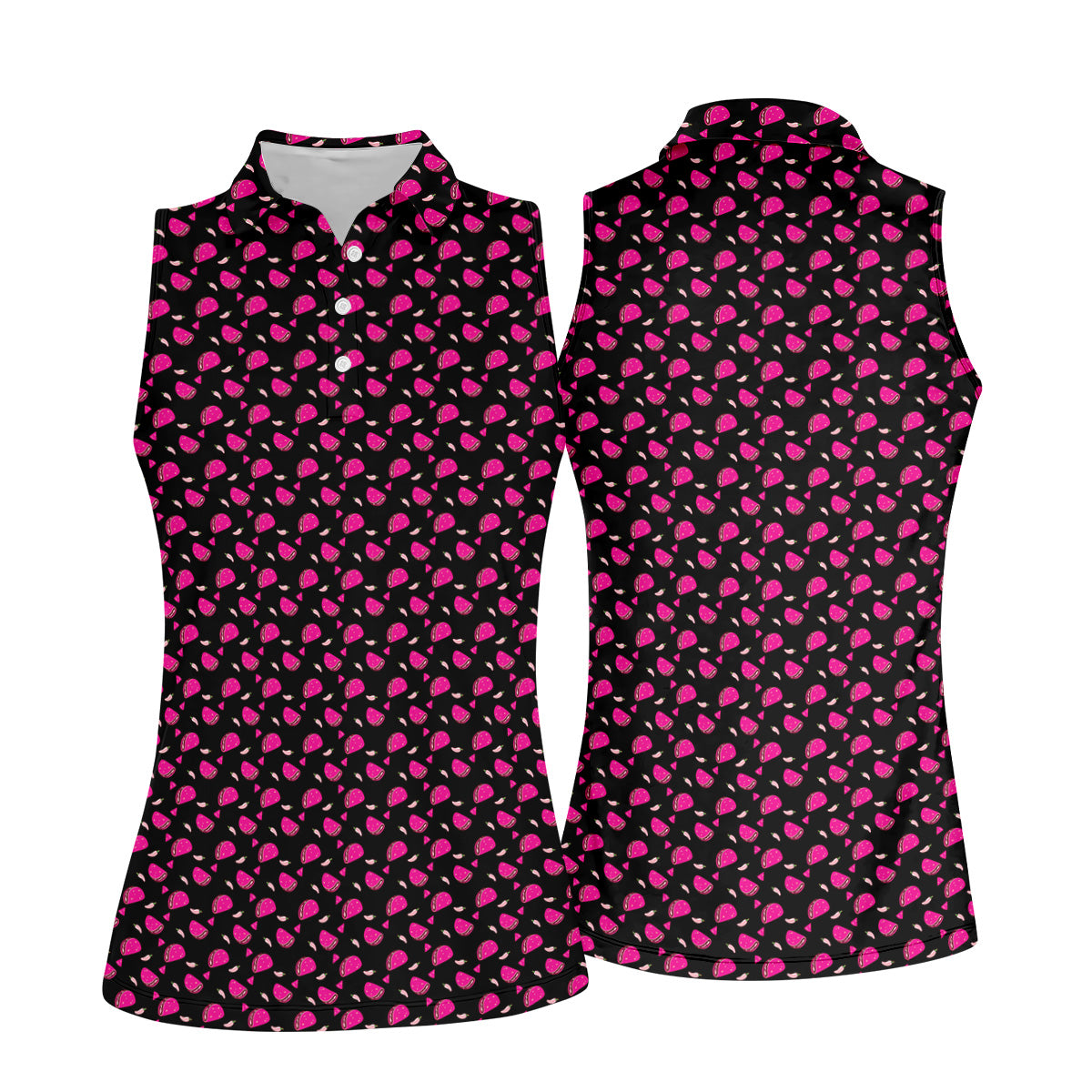 The Pink Taco Seamless Pattern Black Golf Shirt, Women's Golf Tops, Tacos Lover Golf Gift For Ladies