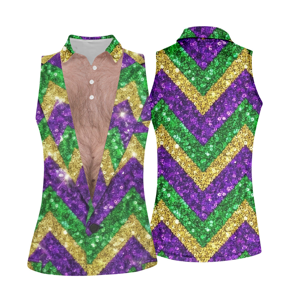 Mardi Gras Purple Green Gold Printed Sequin Zigzag Pattern Women's Golf Tops, Fun Women's Golf Shirts