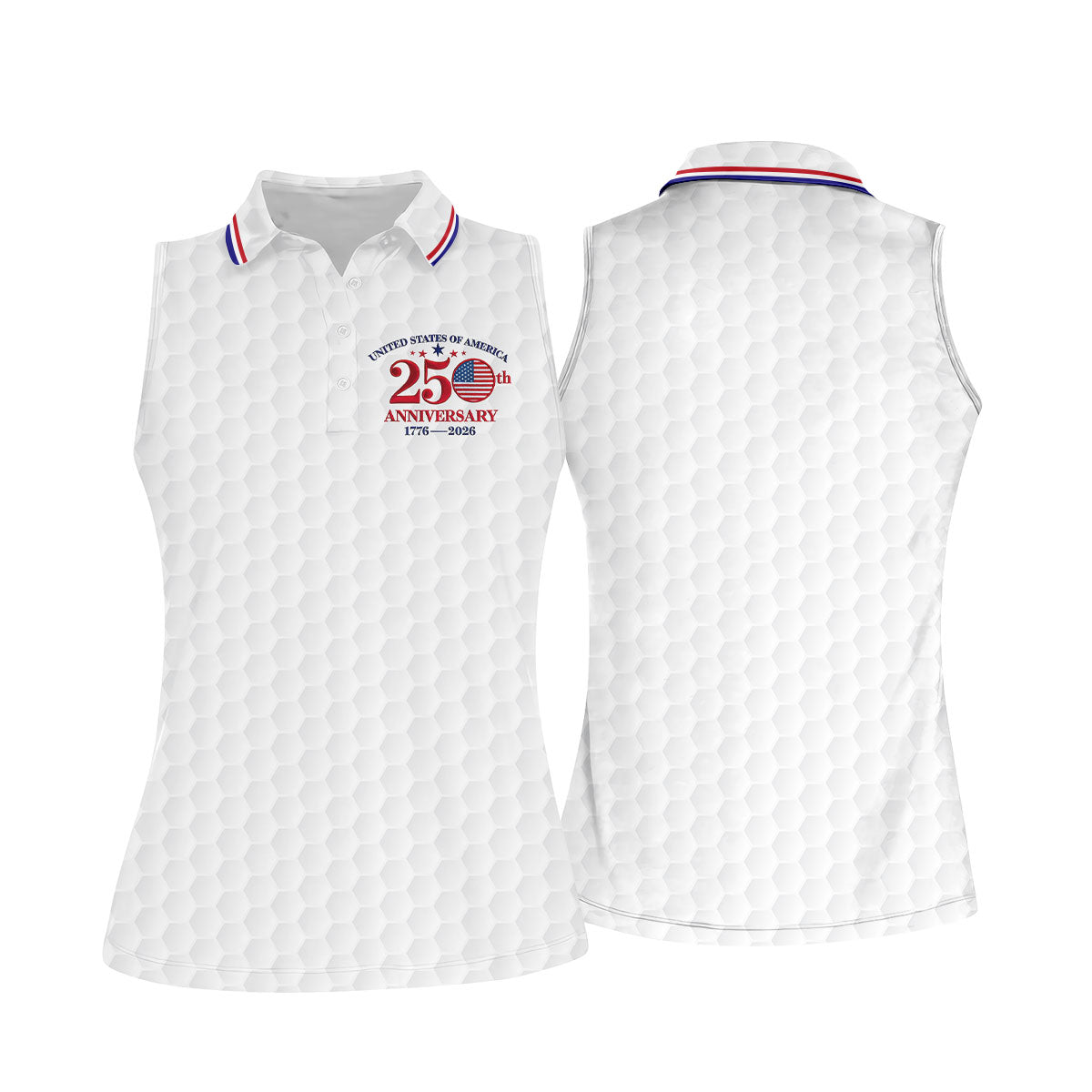 USA 250th Anniversary Golf Ball Pattern White Golf Shirt, 4th Of July Patriotic Golf Shirt For Women