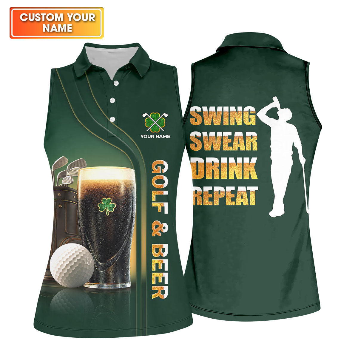 Swing Swear Drink Repeat Golf And Beer St Patrick's Day Green Women's Golf Tops, Ladies Golf Polos