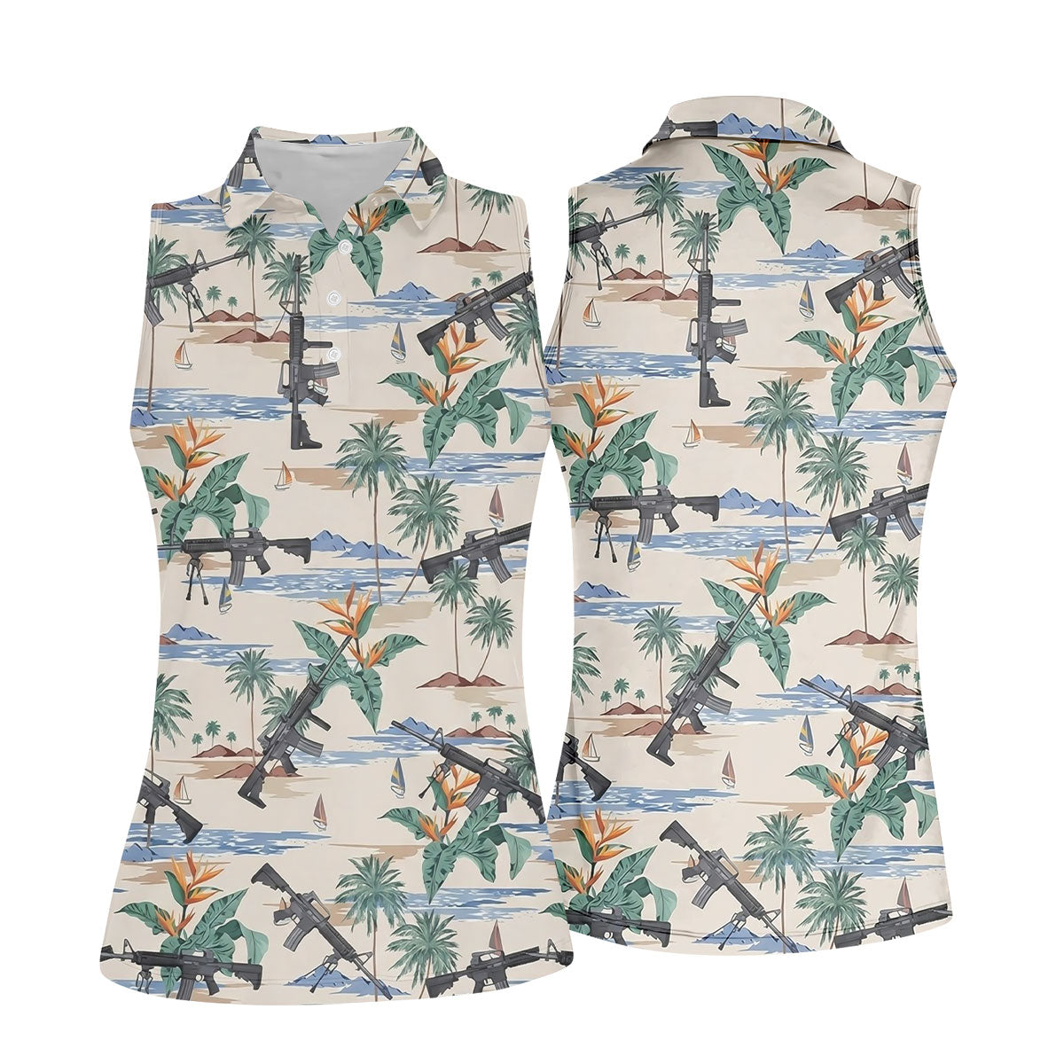 Hawaiian Palm Tree With Army Theme Women Golf Top, Ladies Golf Shirts, Golfing Apparel