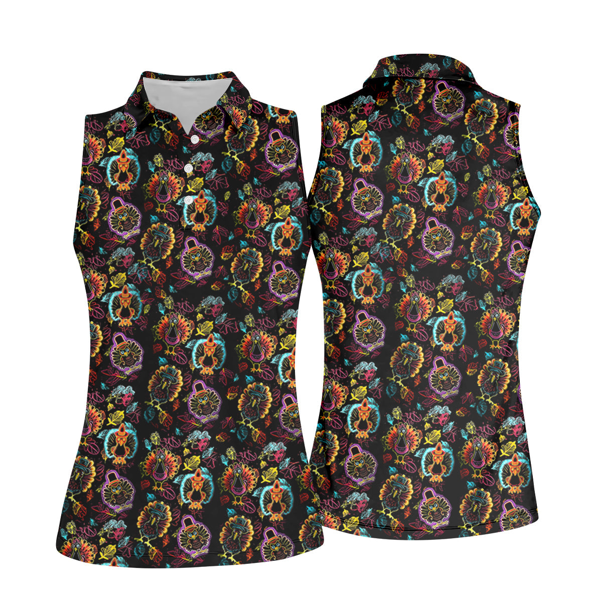 Neon Turkey Thanksgiving Fun Women's Golf Shirts, Women Golf Top, Ladies Golf Polos, Golfing Apparel
