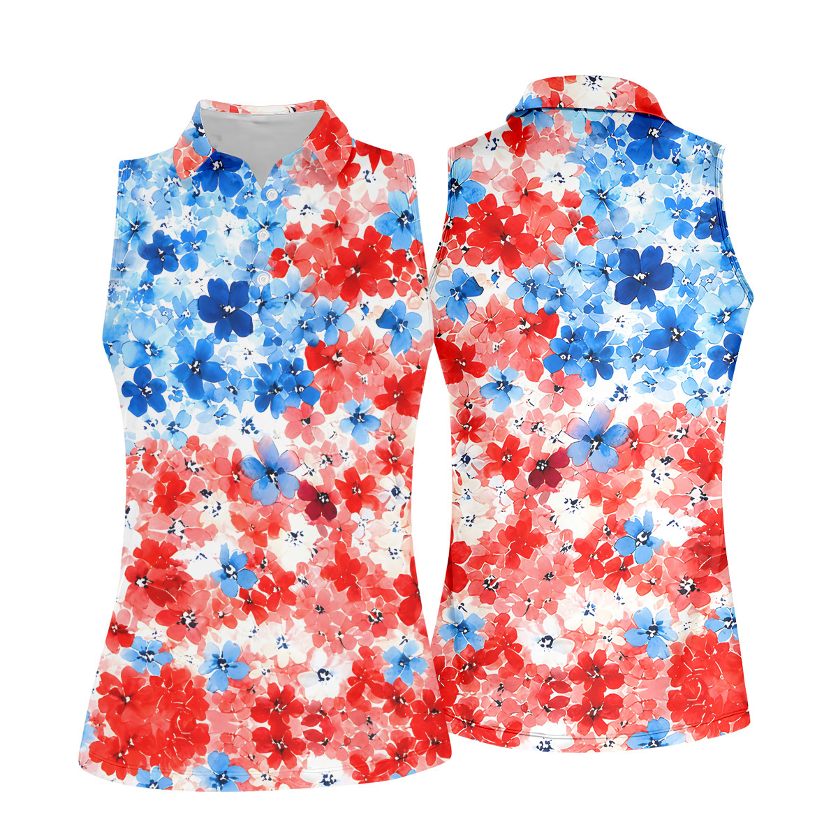 Patriotic Floral Golf Shirt, Red White Blue Blossom Pattern, Golf Shirt For Women