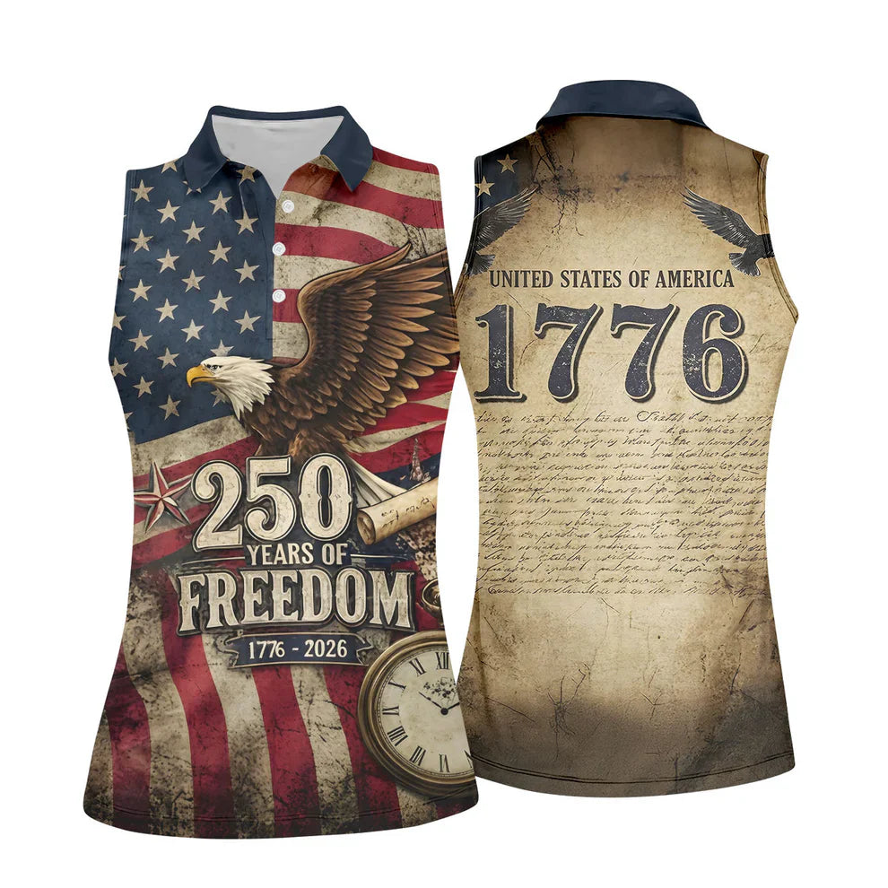 250 Years Of Freedom US Bald Eagle Retro US Flag Ladies Golf Tops, Patriotic 4th Of July Golf Shirt For Women