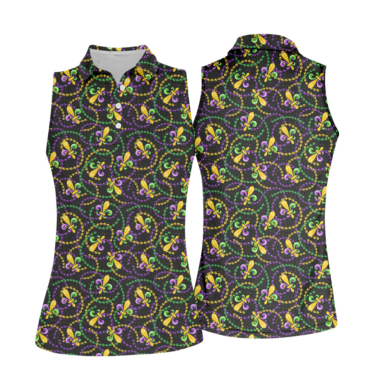 Mardi Gras Beads Purple Green Gold Fleur De Lis Women's Golf Tops, Ladies Golf Polos, Golf Shirt For Women