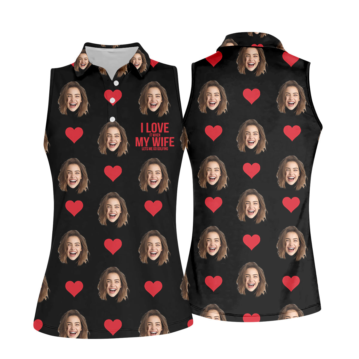 I Love My Wife Custom Photo Black Golf Shirt, Valentines Golf Gift, Women Golf Top, Ladies Golf Polos
