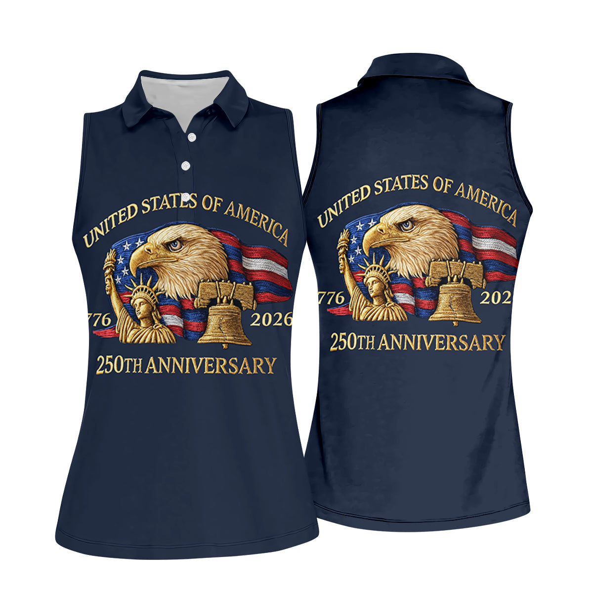 US America 250th Anniversary Patriot Eagle Embroidery Effect Women's Golf Tops, Patriotic Golf Shirt
