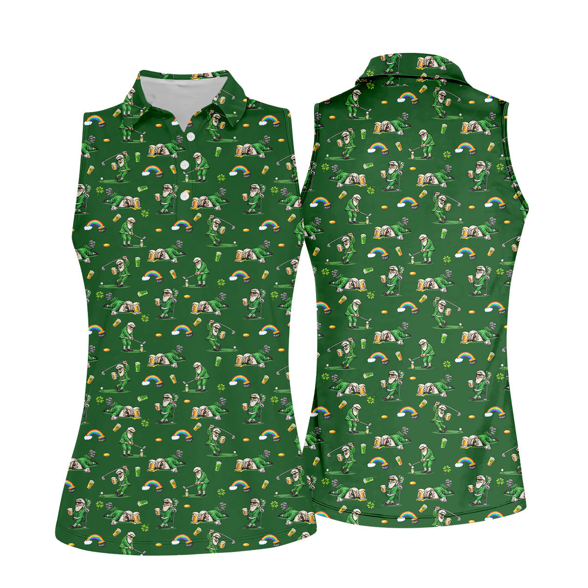 St Patrick's Day Leprechaun Character Golf And Beer Green Golf Shirt, Fun Women's Golf Shirts, Ladies Golf Polos