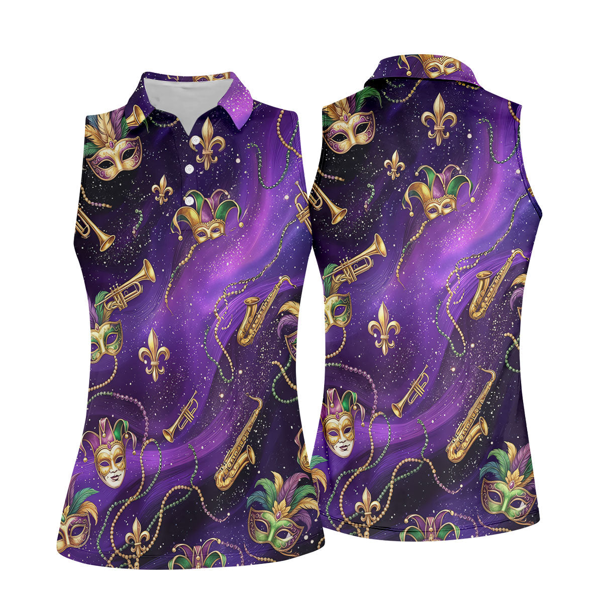 Golden Fleur De Lis Trumpet And Saxophone Mardi Gras Masquerade Mask Purple Golf Shirt, Women's Golf Tops