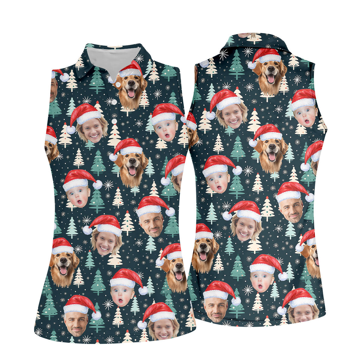 Custom Face Little Pine Tree Snowflake Pattern Christmas Golf Shirt, Women's Golf Tops, Golf Gift For Ladies